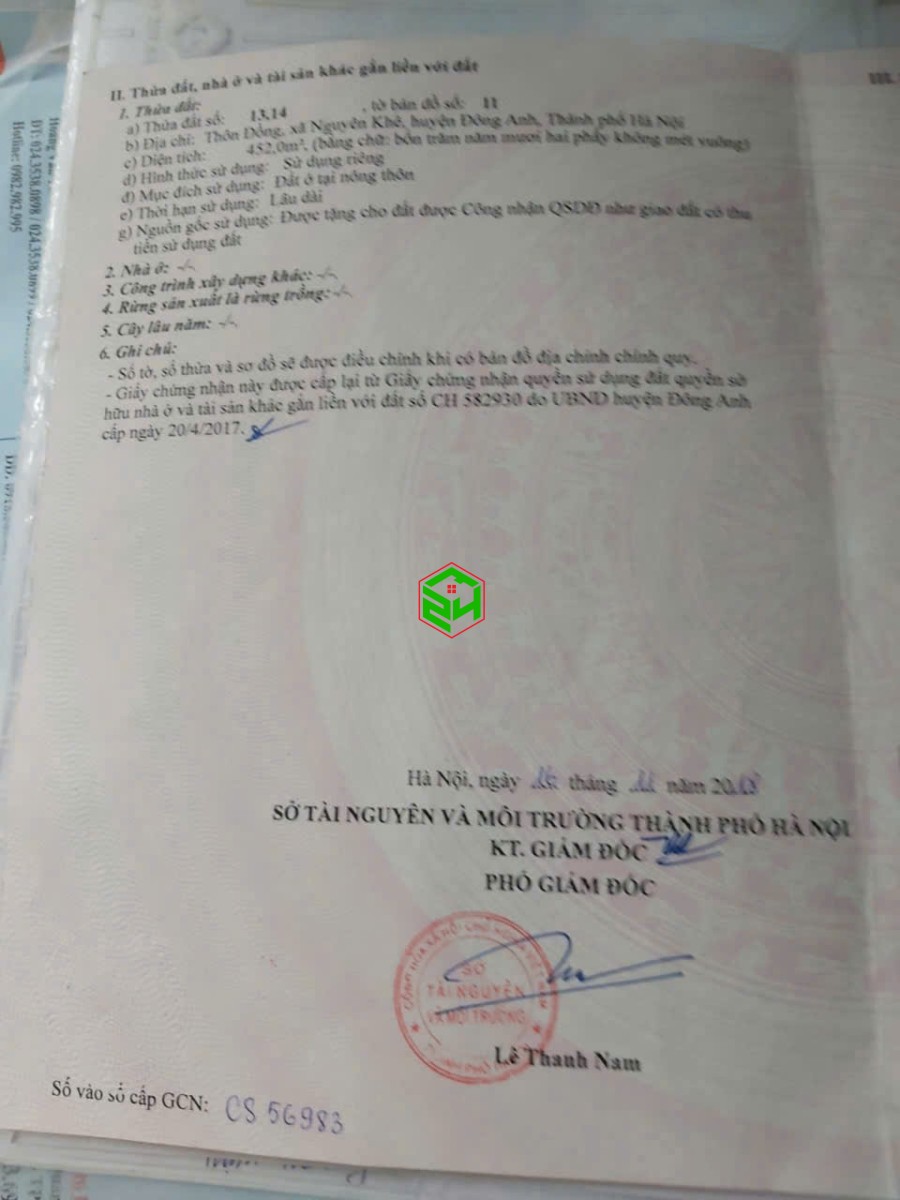 Cần bán 452m2 đất thổ cư thôn đồng nguyên khê lô góc 2 mặt đường (sát vin)